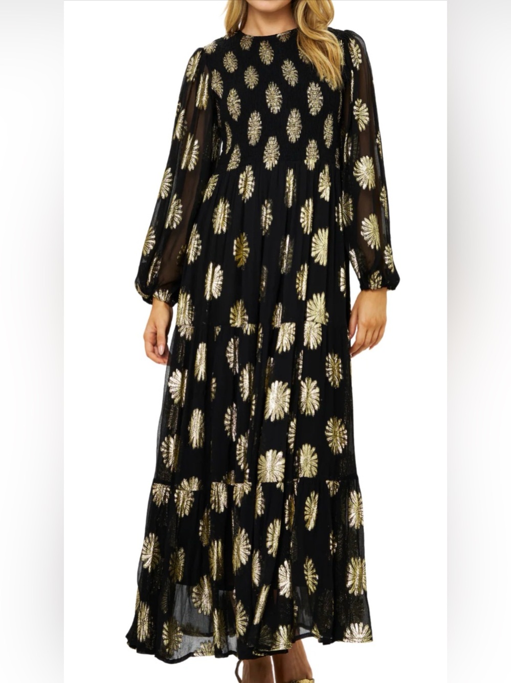Oliphant Peony Black Maxi Dress with Gold Floral Accents